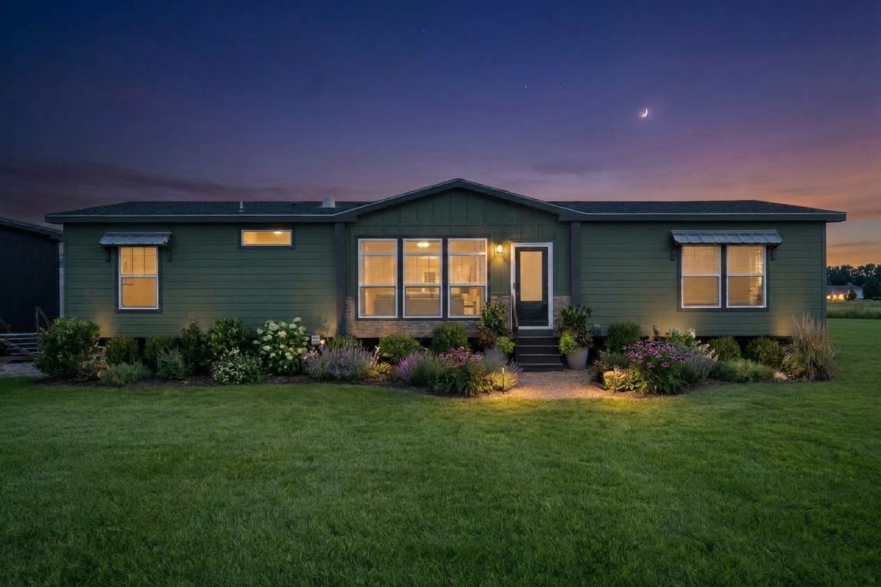 Example exterior: green manufactured home at twilight with lit windows and landscaped beds