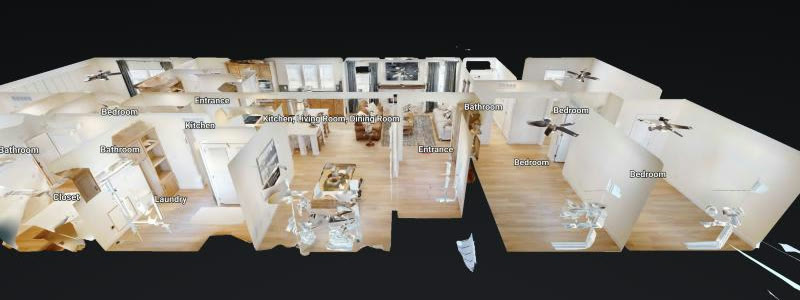 Matterport dollhouse view of a model home, every room labeled